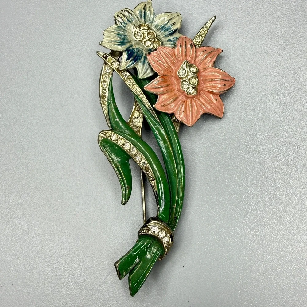 Vintage Pot Metal Enamel Flower Rhinestone Brooch 3.5